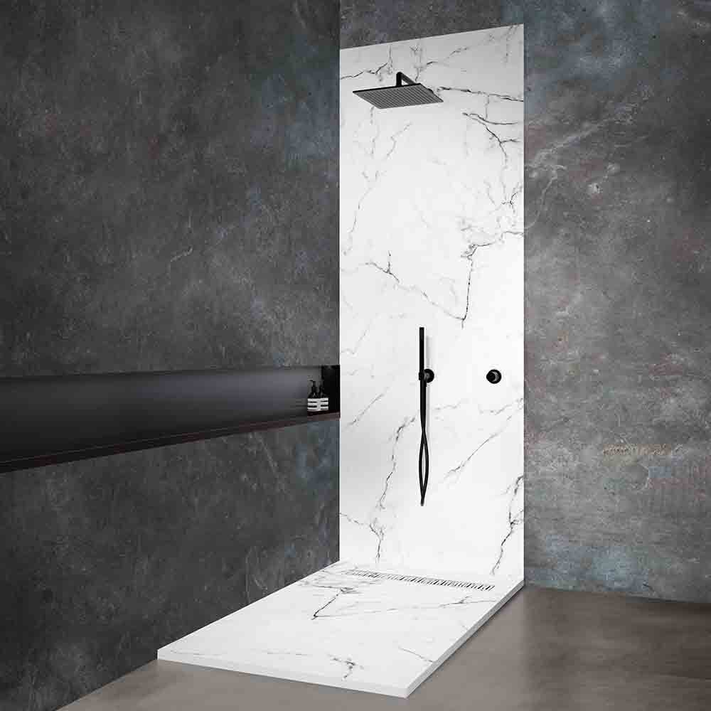 Receveur résine 200 x 100 cm imitation marbre blanc - grille caniveau excentrée