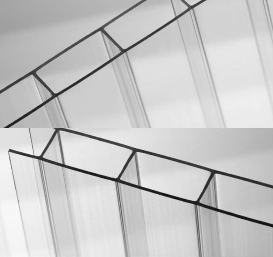 Plaque de polycarbonate traitée anti-UV 2 faces, alvéolaire translucide, 2 parois ép. 10 mm, dimensions 2100 mm x 3000 mm