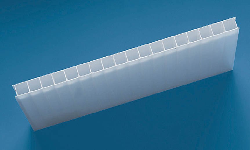 Plaque de polycarbonate traitée anti-UV 2 faces, alvéolaire blanche, 2 parois ép. 10 mm, dimensions 2100 mm x 7000 mm