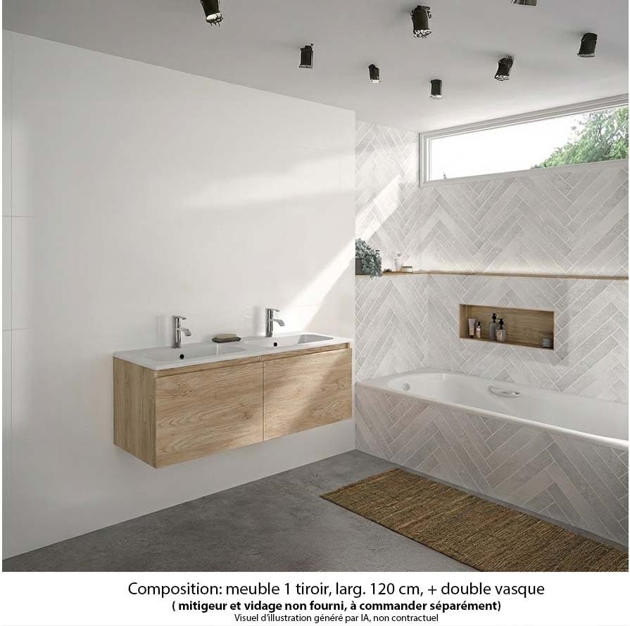 Ensemble meuble de salle de bain Oxford 120 cm chêne Sanremo, plan double vasque marbre reconstitué,  2 tiroirs