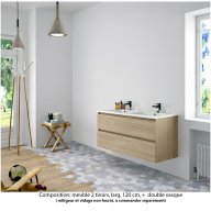 Ensemble meuble de salle de bain Oxford 120 cm chêne Sanremo, plan double vasque marbre reconstitué, 2 tiroirs