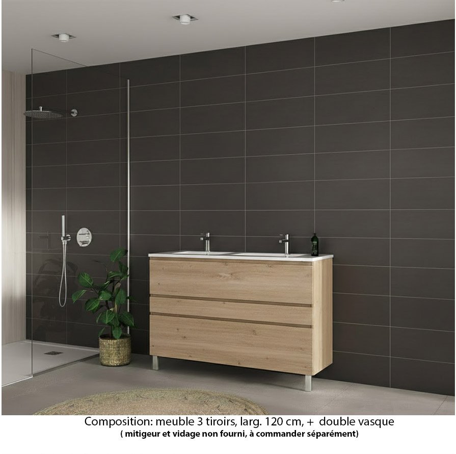 Ensemble meuble de salle de bain Oxford 120 cm chêne Sanremo, plan double vasque marbre reconstitué,  3 tiroirs
