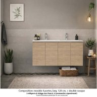 Ensemble meuble de salle de bain Oxford 120 cm chêne Sanremo, plan vasque marbre reconstitué, 4 portes