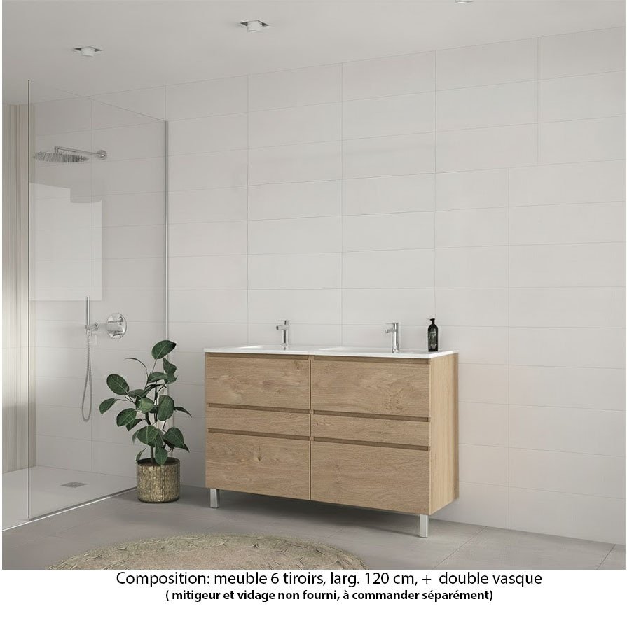 Ensemble meuble de salle de bain Oxford 120 cm chêne Sanremo, plan double vasque marbre reconstitué,  6 tiroirs