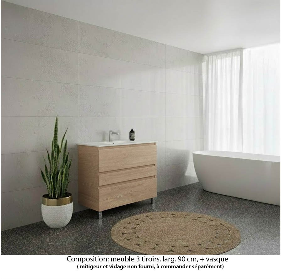 Ensemble meuble de salle de bain Oxford 80 cm chêne Sanremo, vasque marbre reconstitué,  3 tiroirs