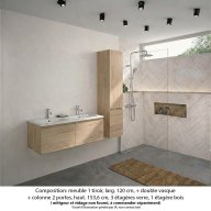Ensemble meuble de salle de bain Oxford 120 cm chêne Sanremo, plan double vasque marbre reconstitué, 2 tiroirs + colonne P. 35 cm x H. 153 cm