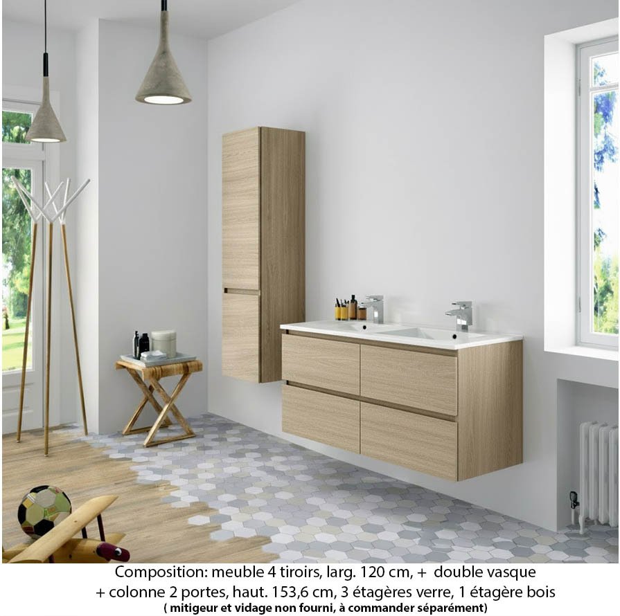 Ensemble meuble de salle de bain Oxford 120 cm chêne Sanremo, plan double double vasque marbre reconstitué,  4 tiroirs +colonne P. 35 cm x H. 153 cm