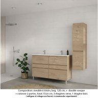 Ensemble meuble de salle de bain Oxford 120 cm chêne Sanremo, plan double vasque marbre reconstitué, 6 tiroirs + colonne P. 35 cm x H. 153 cm