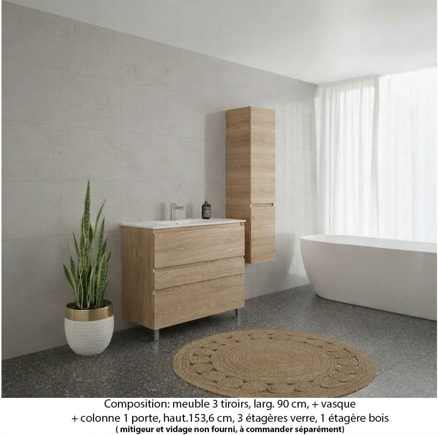Ensemble meuble de salle de bain Oxford 80 cm chêne Sanremo, plan vasque marbre reconstitué,  3 tiroirs + colonne P. 35 cm x H. 153 cm