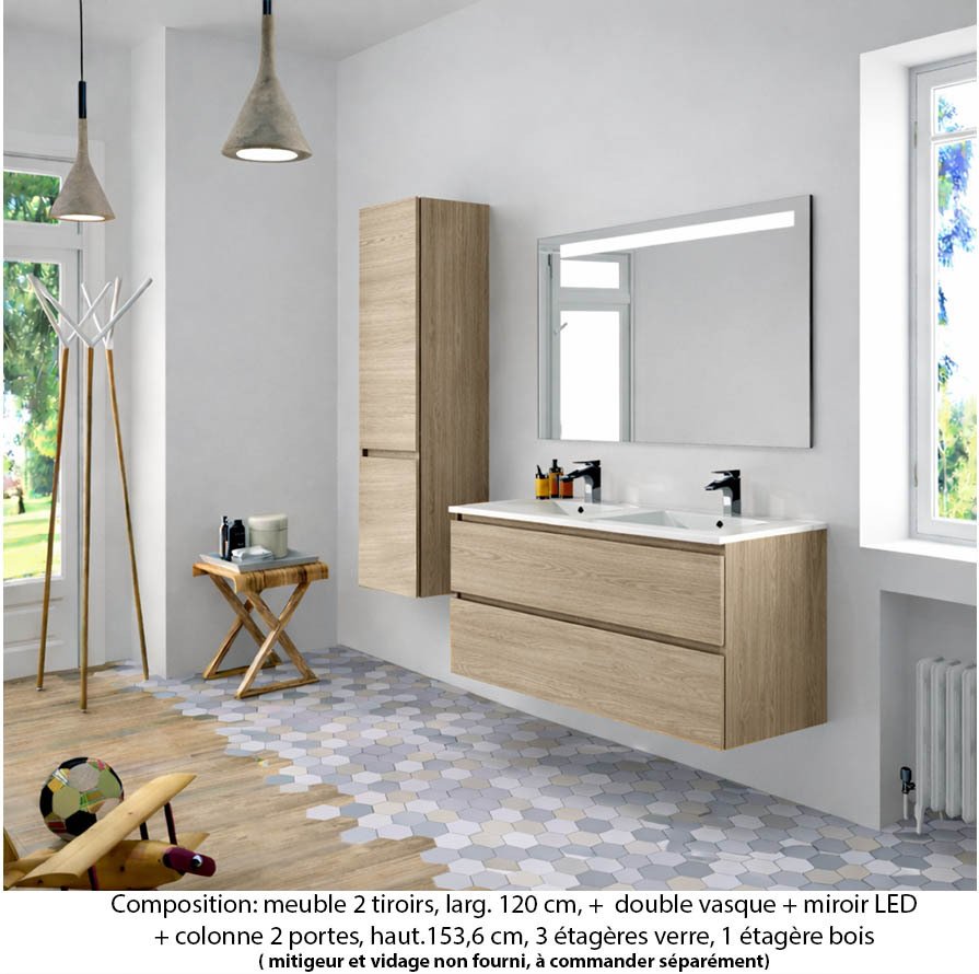 Ensemble meuble de salle de bain Oxford 120 cm chêne Sanremo, plan double vasque marbre reconstitué,  2 tiroirs + colonne P. 35 cm x H. 153 cm  , miroir LED