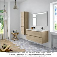 Ensemble meuble de salle de bain Oxford 140 cm chêne Sanremo, plan double double vasque marbre reconstitué, 4 tiroirs +colonne P. 35 cm x H. 153 cm , miroir LED