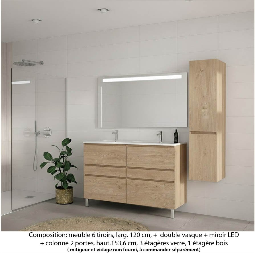 Ensemble meuble de salle de bain Oxford 120 cm chêne Sanremo, plan double vasque céramique,  6 tiroirs +colonne P. 35 cm x H. 153 cm  , miroir LED