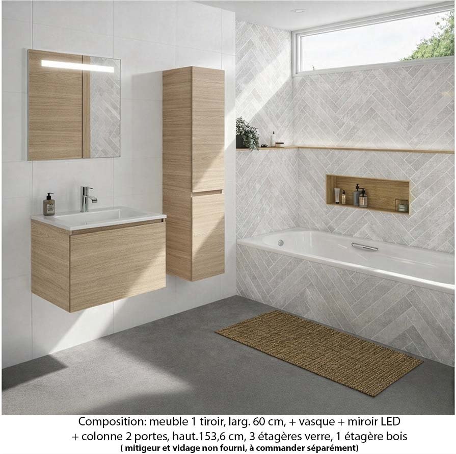 Ensemble meuble de salle de bain Oxford 80 cm chêne Sanremo, plan vasque marbre reconstitué,  1 tiroir +colonne P. 35 cm x H. 153 cm  , miroir LED