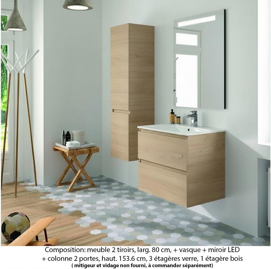 Ensemble meuble de salle de bain Oxford 80 cm chêne Sanremo, plan vasque marbre reconstitué,  2 tiroirs + colonne P. 35 cm x H. 153 cm  , miroir LED