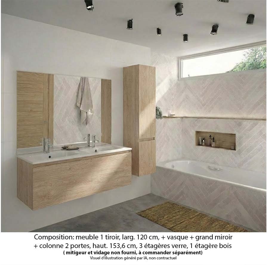Ensemble meuble de salle de bain Oxford 120 cm chêne sanremo, plan double vasque marbre reconstitué, 1 tiroir , miroir plan , colonne P. 35 cm x H. 153 cm