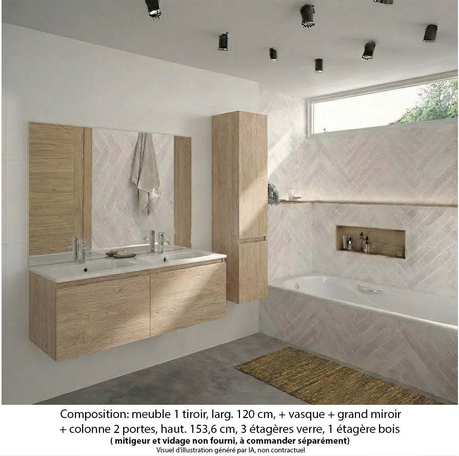 Ensemble meuble de salle de bain Oxford 120 cm chêne sanremo, plan double vasque marbre reconstitué, 2 tiroirs , miroir plan , colonne P. 35 cm x H. 153 cm