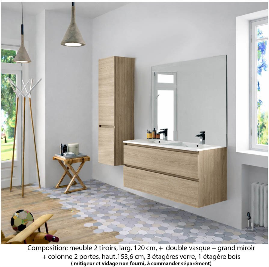 Ensemble meuble de salle de bain Oxford 120 cm chêne sanremo, plan double vasque marbre reconstitué, 2 tiroirs , miroir plan , colonne P. 35 cm x H. 153 cm