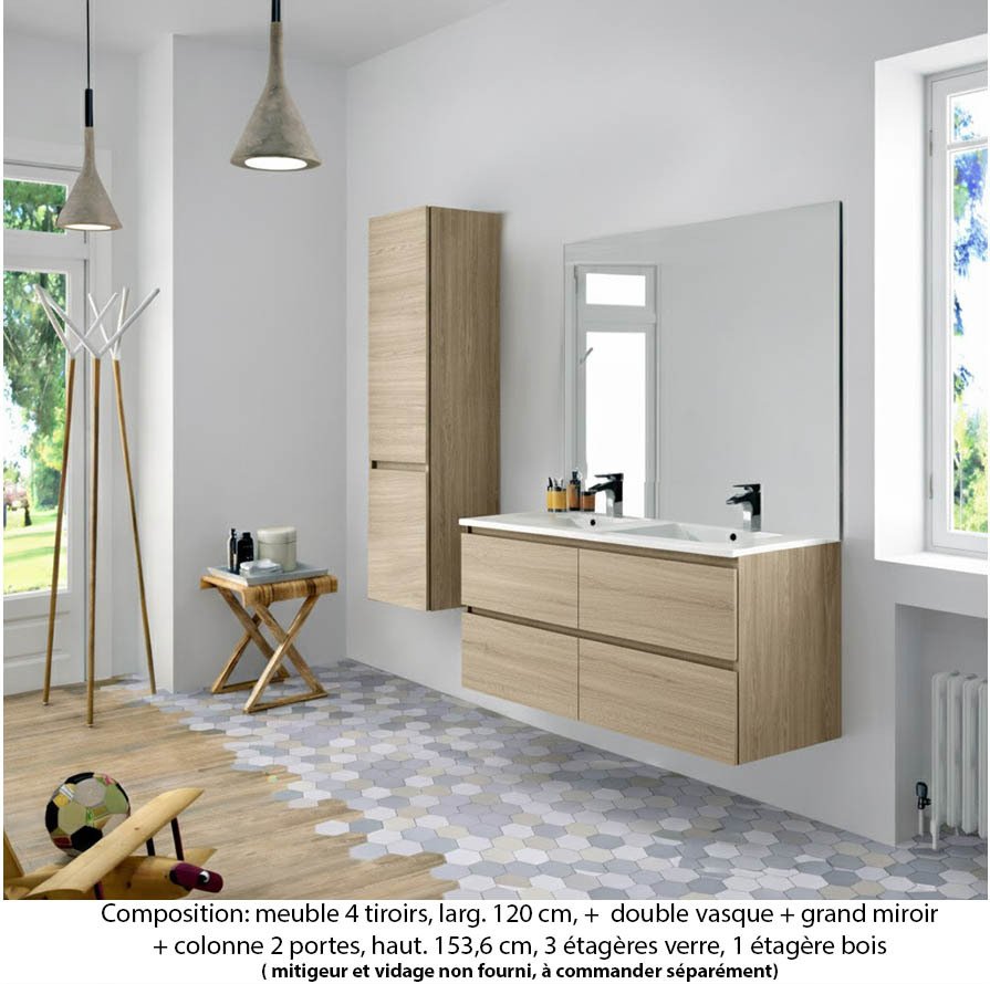 Ensemble meuble de salle de bain Oxford 120 cm chêne sanremo, plan double double vasque marbre reconstitué, 4 tiroirs , miroir plan , colonne P. 35 cm x H. 153 cm