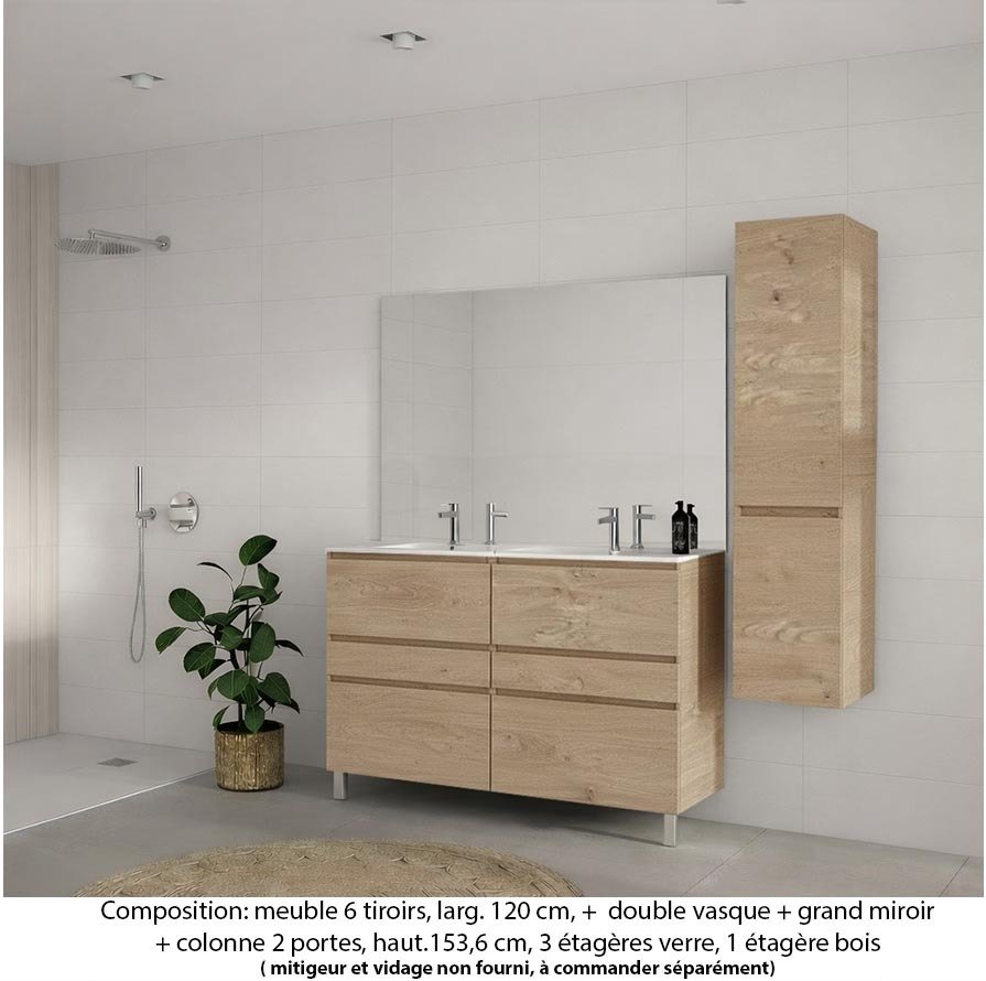 Ensemble meuble de salle de bain Oxford 120 cm chêne sanremo, plan double vasque céramique, 6 tiroirs , miroir plan , colonne P. 35 cm x H. 153 cm