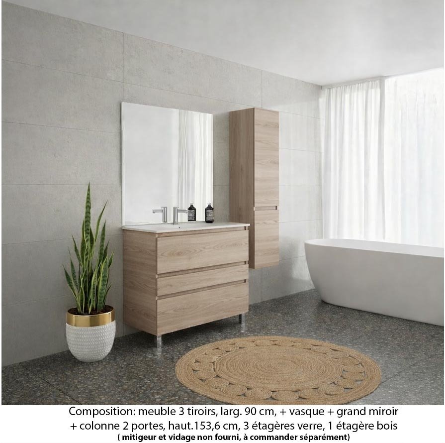Ensemble meuble de salle de bain Oxford 80 cm chêne sanremo, plan vasque marbre reconstitué, 3 tiroirs , miroir plan , colonne P. 35 cm x H. 153 cm