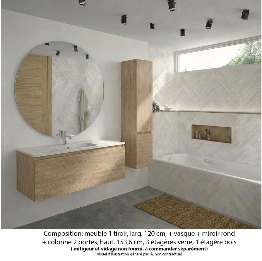 Ensemble meuble de salle de bain Oxford 120 cm chêne sanremo, plan vasque marbre reconstitué, 1 tiroir , miroir rond , colonne P. 35 cm x H. 153 cm
