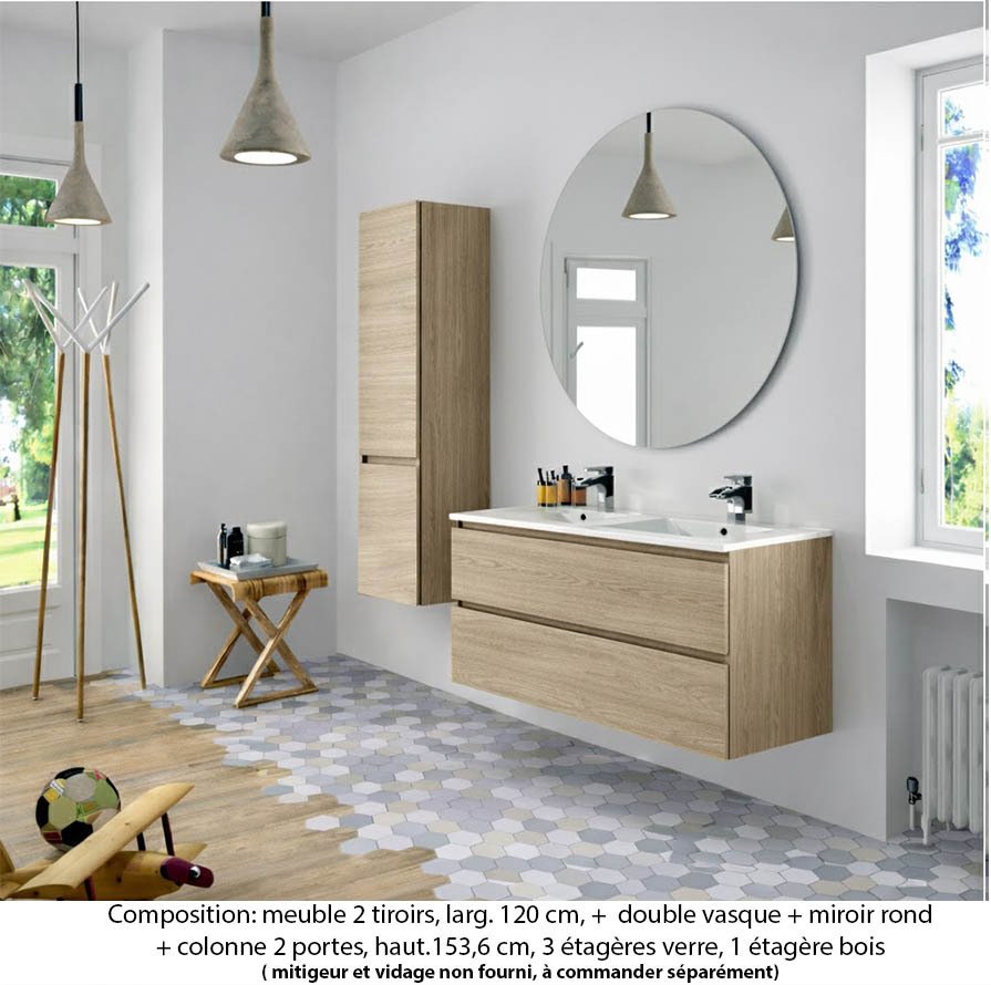 Ensemble meuble de salle de bain Oxford 120 cm chêne sanremo, plan double vasque marbre reconstitué, 2 tiroirs , miroir rond , colonne P. 35 cm x H. 153 cm