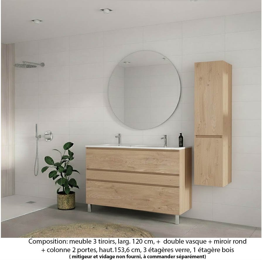 Ensemble meuble de salle de bain Oxford 120 cm chêne sanremo, plan double vasque marbre reconstitué, 3 tiroirs , miroir rond , colonne P. 35 cm x H. 153 cm