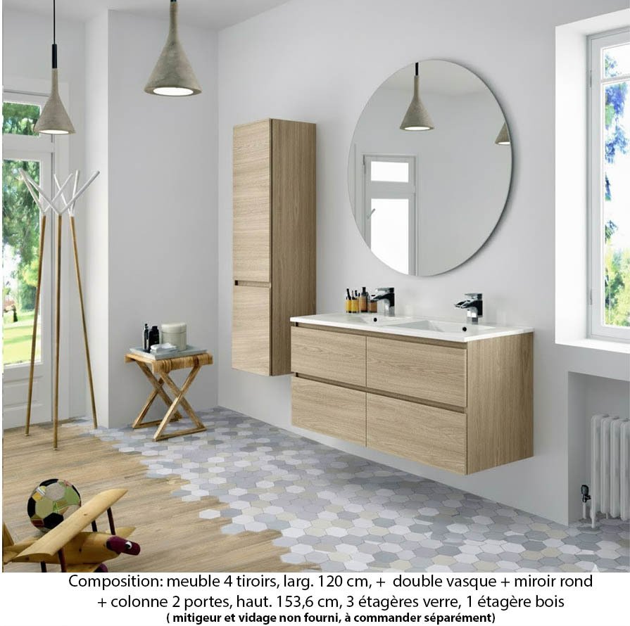 Ensemble meuble de salle de bain Oxford 120 cm chêne sanremo, plan double double vasque marbre reconstitué, 4 tiroirs , miroir rond , colonne P. 35 cm x H. 153 cm