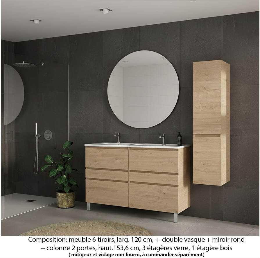 Ensemble meuble de salle de bain Oxford 120 cm chêne sanremo, plan double vasque céramique, 6 tiroirs , miroir rond , colonne P. 35 cm x H. 153 cm