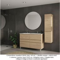 Ensemble meuble de salle de bain Oxford 120 cm chêne sanremo, plan double vasque marbre reconstitué, 6 tiroirs , miroir rond , colonne P. 35 cm x H. 153 cm