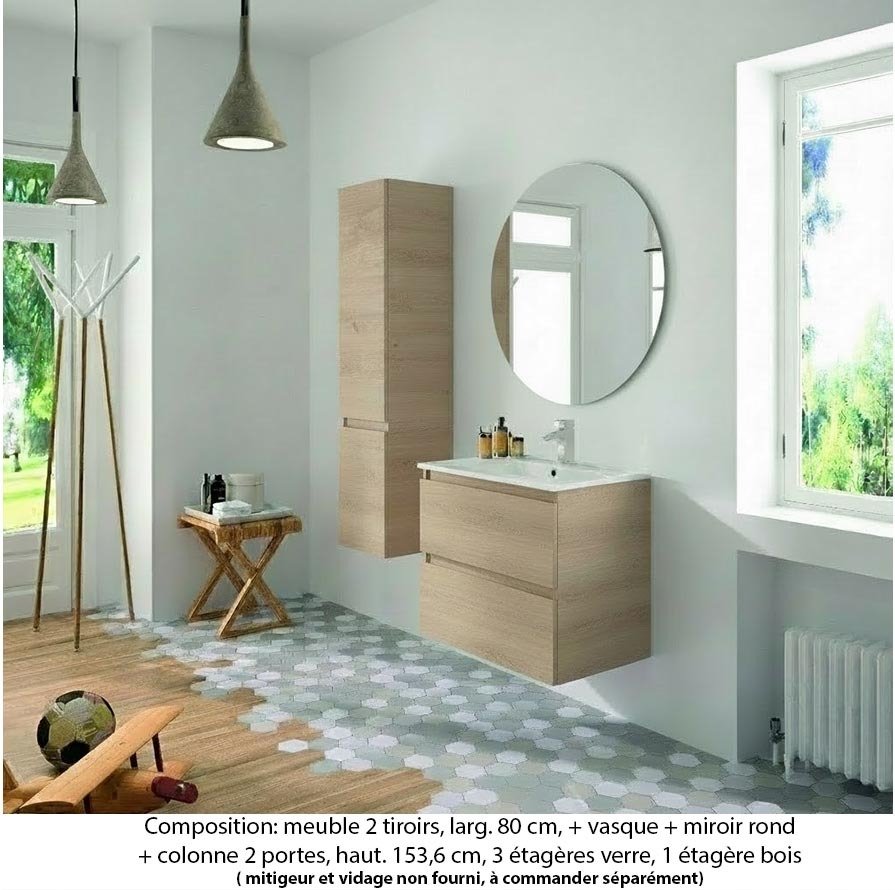 Ensemble meuble de salle de bain Oxford 80 cm chêne sanremo, plan vasque marbre reconstitué, 2 tiroirs , miroir rond , colonne P. 35 cm x H. 153 cm