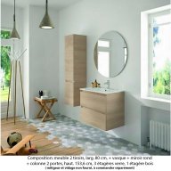Ensemble meuble de salle de bain Oxford 80 cm chêne sanremo, plan vasque marbre reconstitué, 2 tiroirs , miroir rond , colonne P. 35 cm x H. 153 cm