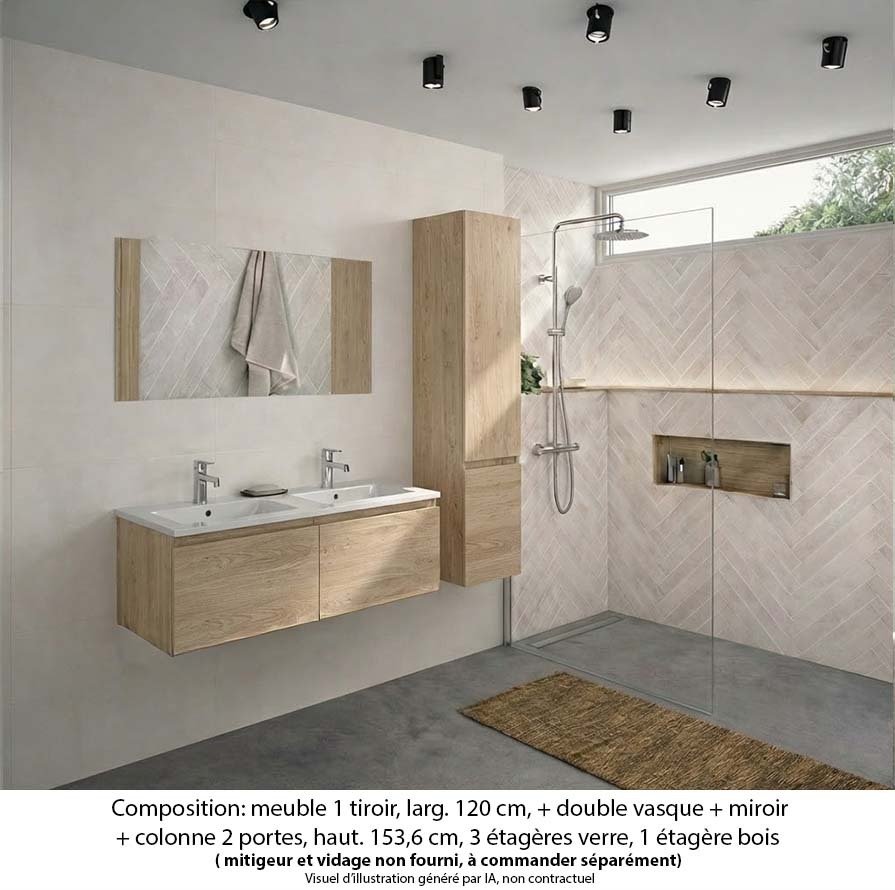 Ensemble meuble de salle de bain Oxford 120 cm chêne sanremo, plan double vasque marbre reconstitué, 2 tiroirs , miroir simple , colonne P. 35 cm x H. 153 cm