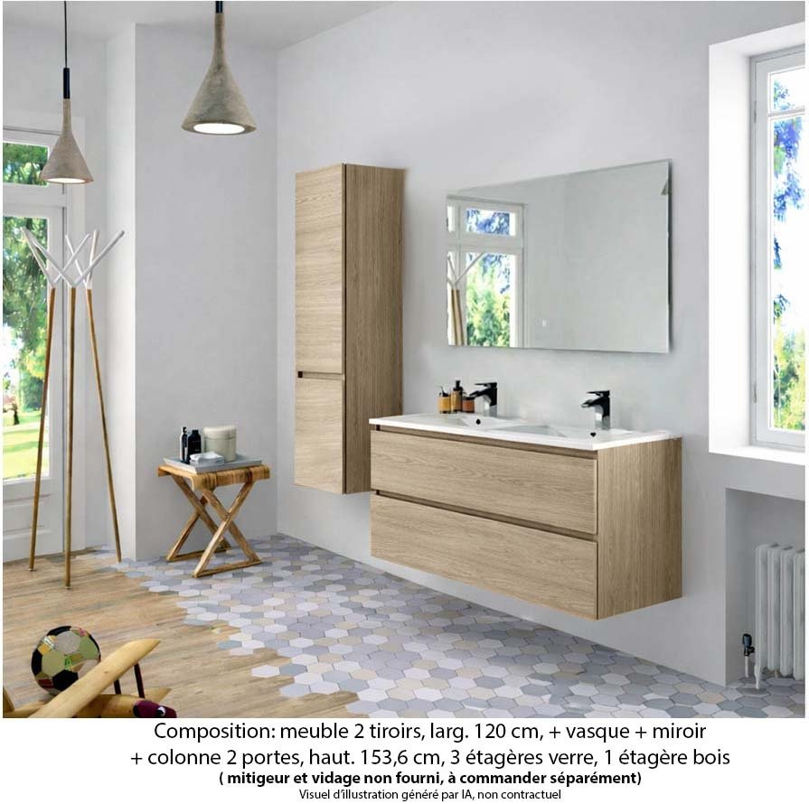 Ensemble meuble de salle de bain Oxford 120 cm chêne sanremo, plan double vasque marbre reconstitué, 2 tiroirs , miroir simple , colonne P. 35 cm x H. 153 cm