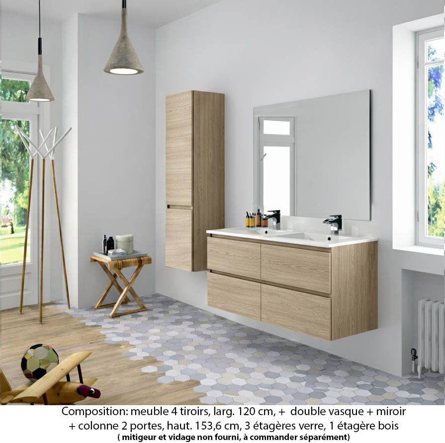 Ensemble meuble de salle de bain Oxford 120 cm chêne sanremo, plan double double vasque marbre reconstitué, 4 tiroirs , miroir simple , colonne P. 35 cm x H. 153 cm