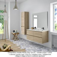 Ensemble meuble de salle de bain Oxford 140 cm chêne sanremo, plan double double vasque marbre reconstitué, 4 tiroirs , miroir simple , colonne P. 35 cm x H. 153 cm