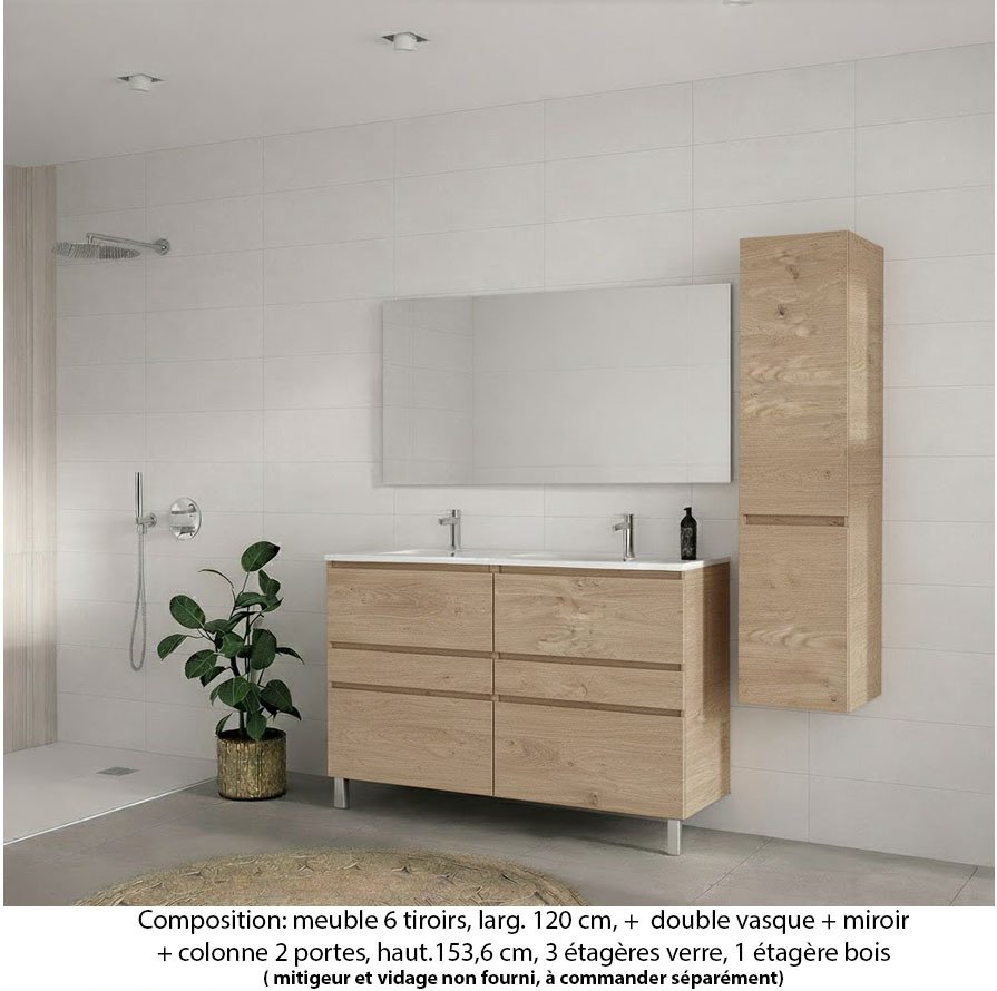 Ensemble meuble de salle de bain Oxford 120 cm chêne sanremo, plan double vasque céramique, 6 tiroirs , miroir simple , colonne P. 35 cm x H. 153 cm