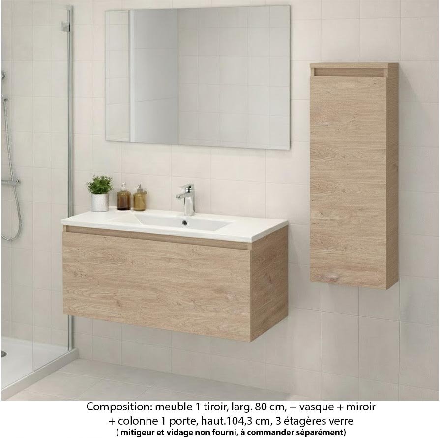 Ensemble meuble de salle de bain Oxford 80 cm chêne Sanremo, plan vasque marbre reconstitué,  1 tiroir + colonne P.17 cm x H. 104 cm