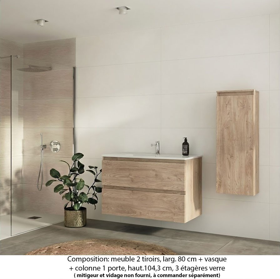 Ensemble meuble de salle de bain Oxford 80 cm chêne Sanremo, plan vasque marbre reconstitué,  2 tiroirs + colonne P.17 cm x H. 104 cm
