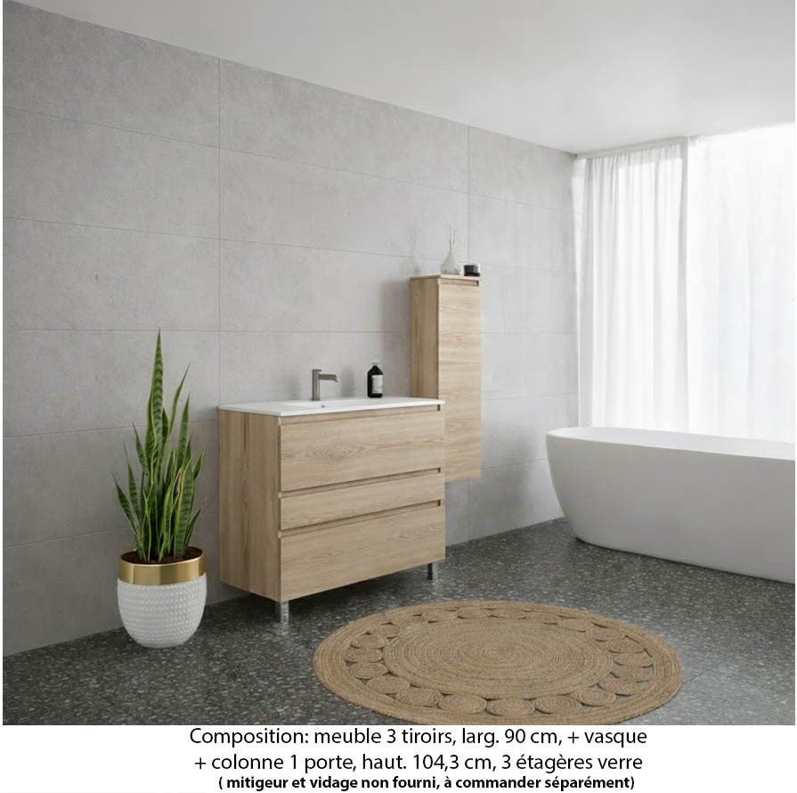 Ensemble meuble de salle de bain Oxford 80 cm chêne Sanremo, plan vasque marbre reconstitué,  3 tiroirs + colonne P.17 cm x H. 104 cm