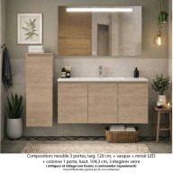 Ensemble meuble de salle de bain Oxford 120 cm chêne Sanremo, plan vasque céramique, 3 portes +colonne P. 35 cm x H. 104 cm , miroir LED