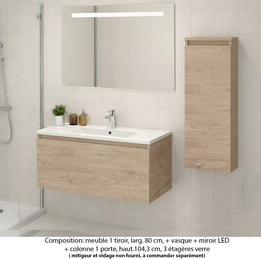 Ensemble meuble de salle de bain Oxford 80 cm chêne Sanremo, plan vasque marbre reconstitué,  1 tiroir +colonne P.17 cm x H. 104 cm  , miroir LED