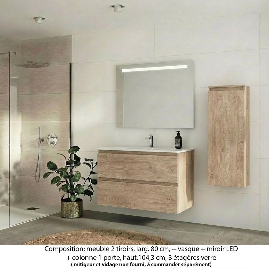 Ensemble meuble de salle de bain Oxford 80 cm chêne Sanremo, plan vasque marbre reconstitué,  2 tiroirs + colonne P.17 cm x H. 104 cm  , miroir LED