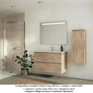 Ensemble meuble de salle de bain Oxford 100 cm chêne Sanremo, plan vasque marbre reconstitué, 2 tiroirs +colonne P. 17 cm x H. 104 cm , miroir LED