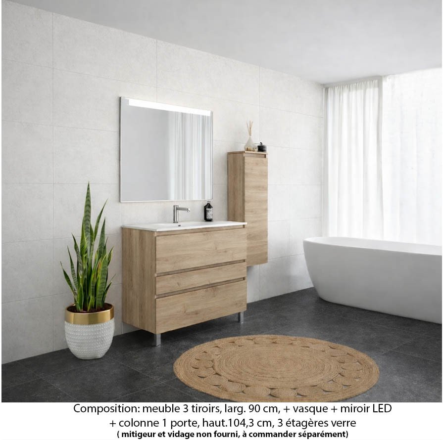 Ensemble meuble de salle de bain Oxford 80 cm chêne Sanremo, plan vasque marbre reconstitué,  3 tiroirs + colonne P.17 cm x H. 104 cm  , miroir LED