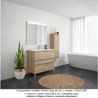 Ensemble meuble de salle de bain Oxford 90 cm chêne Sanremo, plan vasque marbre reconstitué, 3 tiroirs +colonne P.17 cm x H. 104 cm , miroir LED
