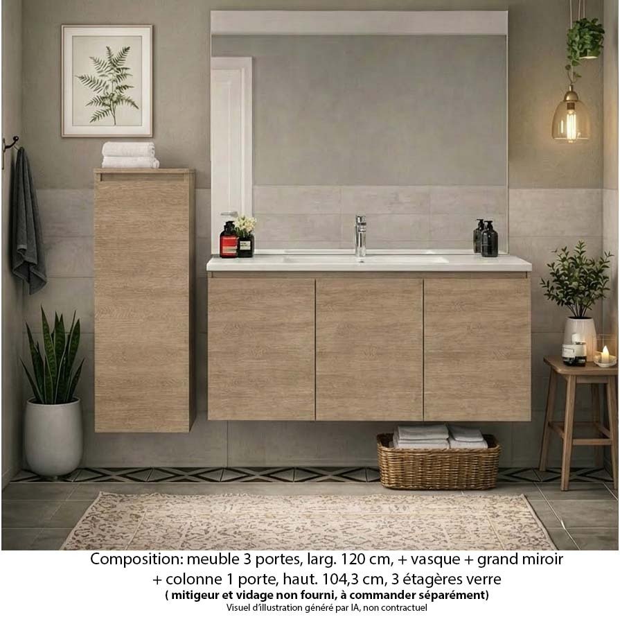 Ensemble meuble de salle de bain Oxford 120 cm chêne sanremo, plan vasque céramique, 3 portes , miroir plan , colonne P. 17 cm x H. 104 cm