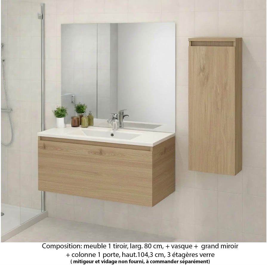 Ensemble meuble de salle de bain Oxford 80 cm chêne sanremo, plan vasque marbre reconstitué, 1 tiroir , miroir plan , colonne P.17 cm x H. 104 cm