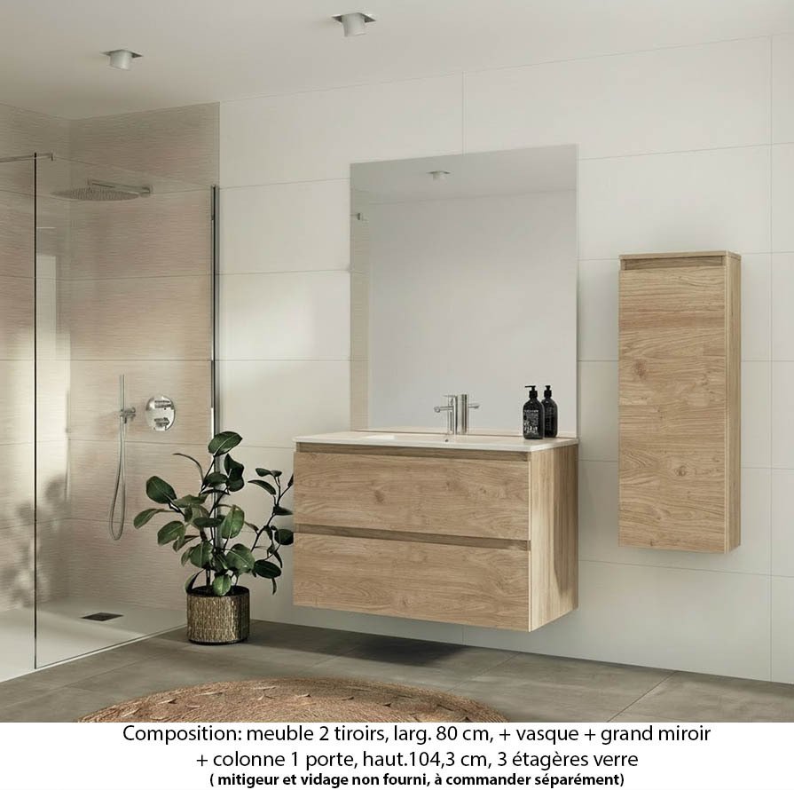 Ensemble meuble de salle de bain Oxford 80 cm chêne sanremo, plan vasque marbre reconstitué, 2 tiroirs , miroir plan , colonne P.17 cm x H. 104 cm