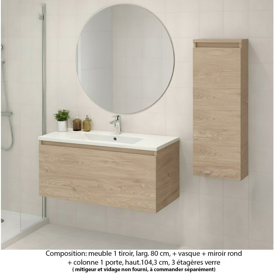 Ensemble meuble de salle de bain Oxford 80 cm chêne sanremo, plan vasque marbre reconstitué, 1 tiroir , miroir rond , colonne P.17 cm x H. 104 cm